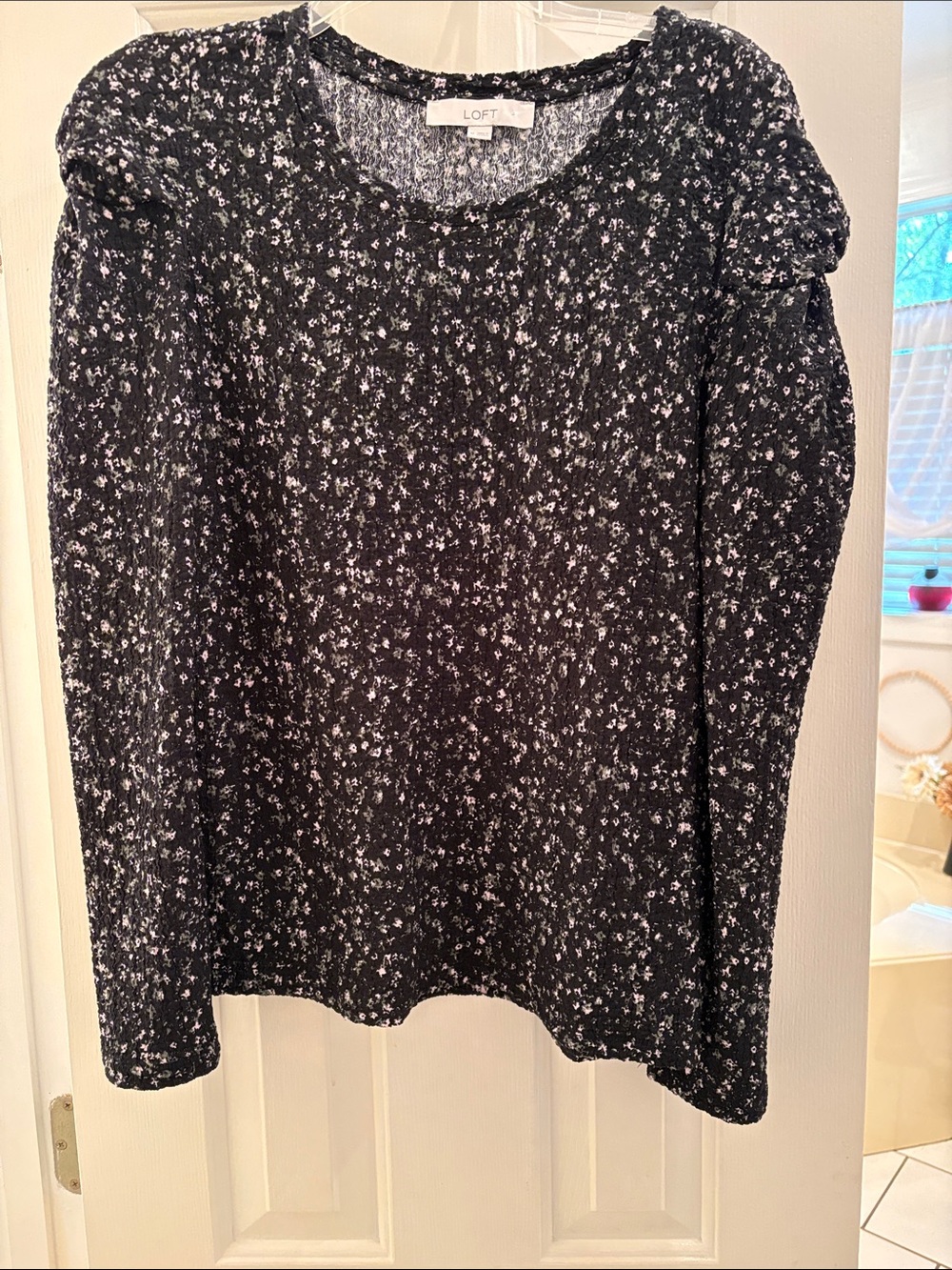 LOFT Black Long-Sleeve with Light Pink Floral Knit Top
